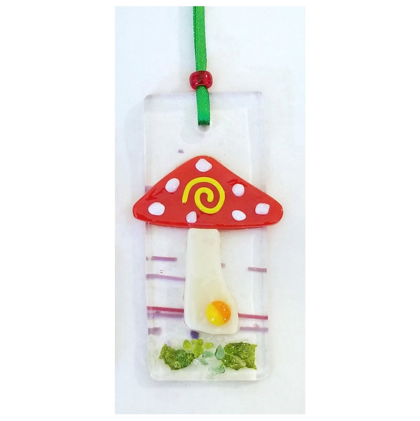 Red Mushroom Suncatcher. Handmade Ornament, Kiln Fired Glass. Includes Gift Box & Beaded satin ribbon. Botanical Window Decor, Gift Tag.