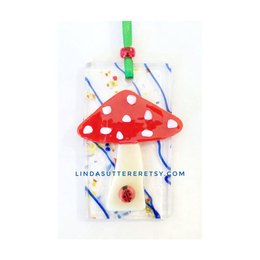 Red Mushroom Suncatcher. Handmade Ornament, Kiln Fired Glass. Includes Gift Box & Beaded satin ribbon. Botanical Window Decor, Gift Tag.