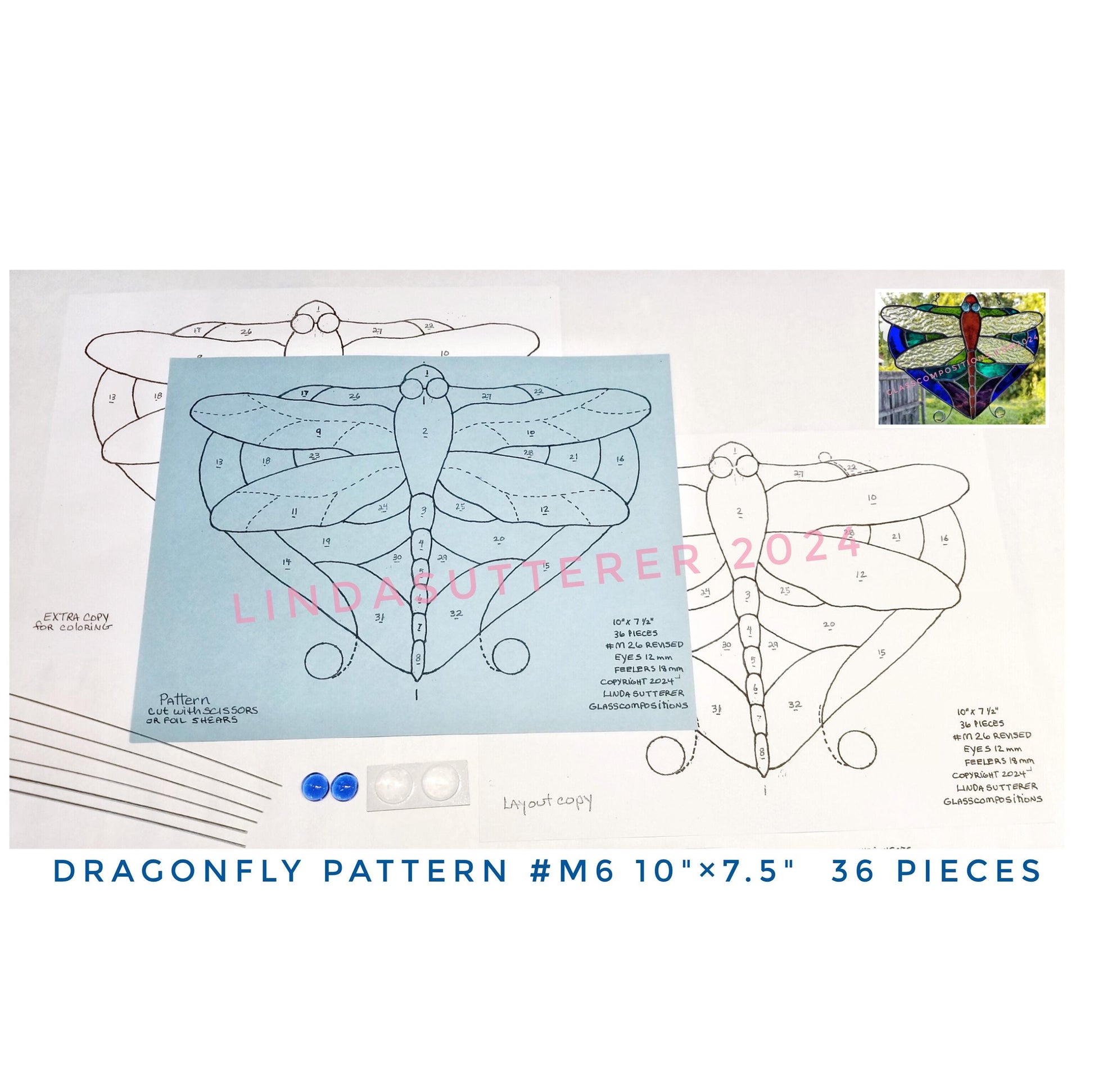 Dragonfly Pattern Kit. Diy Stained Glass. Includes 4 Jewels & Wire. Ready to cut heavy cardstock. Extra copies for layout, color planning.