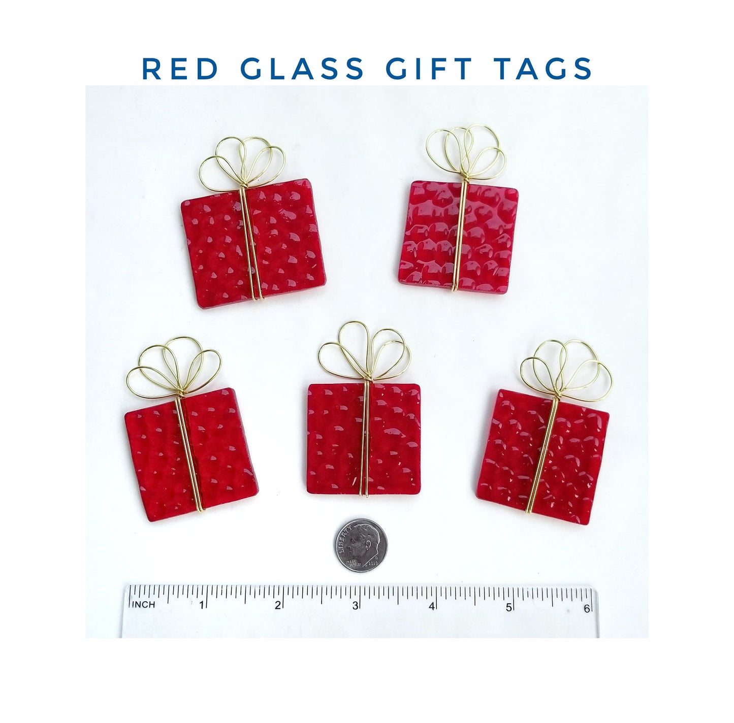 Party Favors, Mini Gift. Five Red Glass Presents. Small ornaments, decorations, Christmas Holiday Craft Embellishments.