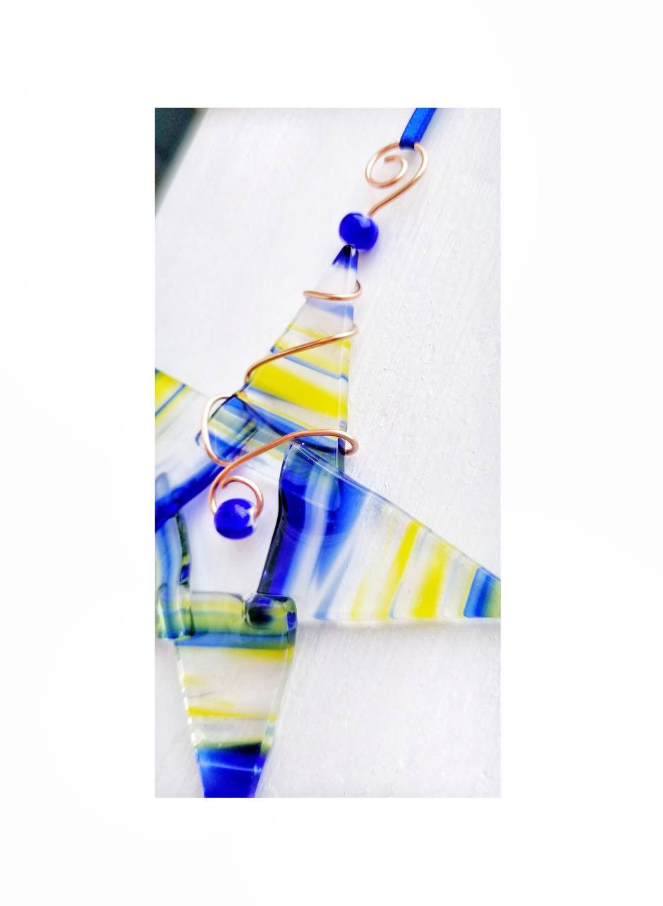 Fused Glass Star suncatcher with beaded copper wire. Patio porch decor, window hanging. Blue & yellow ornament. Gift wrapped, shipped free.
